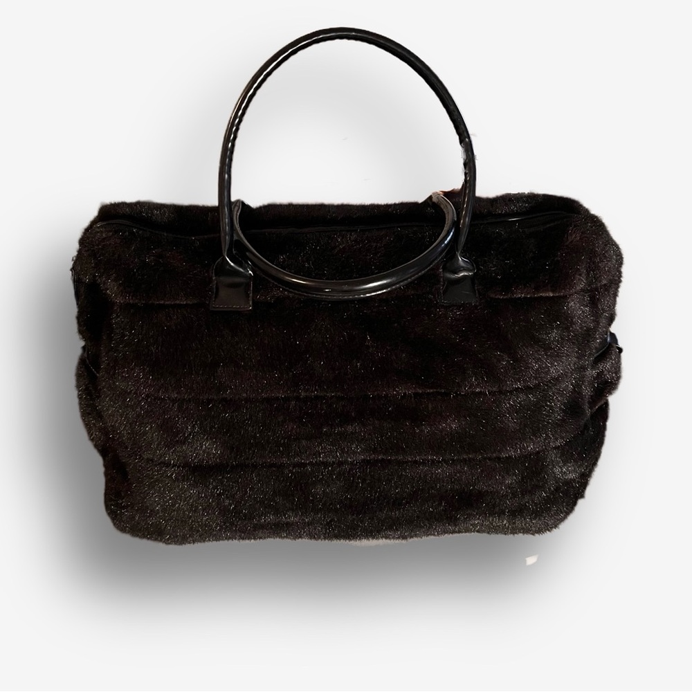 Suzanna Somers Black Faux Mink Fur HandBag/Tote/Travel Vintage 80s-90s